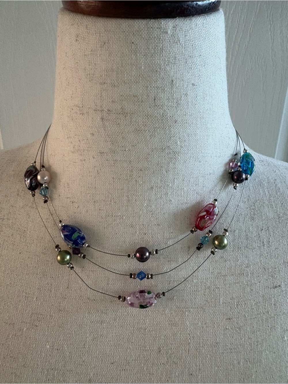 Art Glass Bead 3 Strand Floating Wire Necklace | 925 Clasp| Multicolor